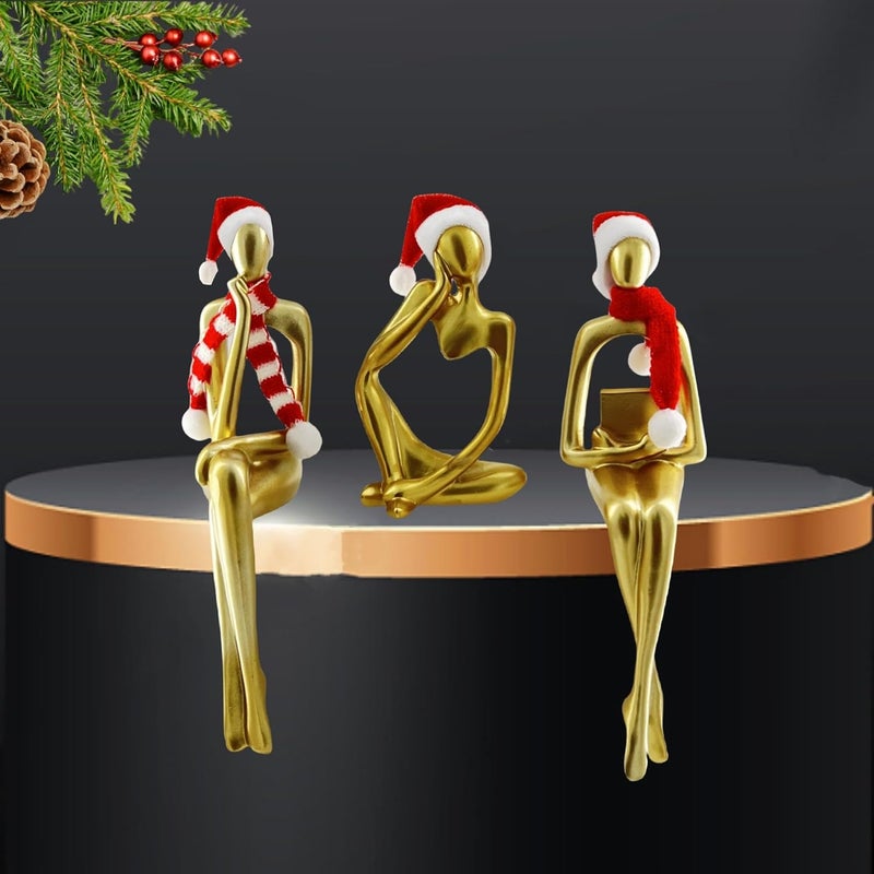 Prettidecor Christmas Gold Home Decor Thinker Statue Accents, 2025 Xmas Thinker Sculptures Office Decor Modern Abstract Decoration on Shelf Table Desk for Living Room Office Bedroom Comes with Christmas Hats - Image 1